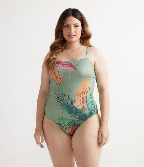 Maiô em Poliamida com Estampa de Palmeira Curve & Plus Size