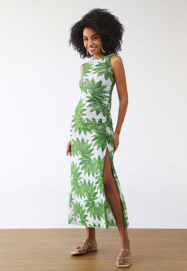 Vestido Tule FARM Longo Leque de Palmeira Verde